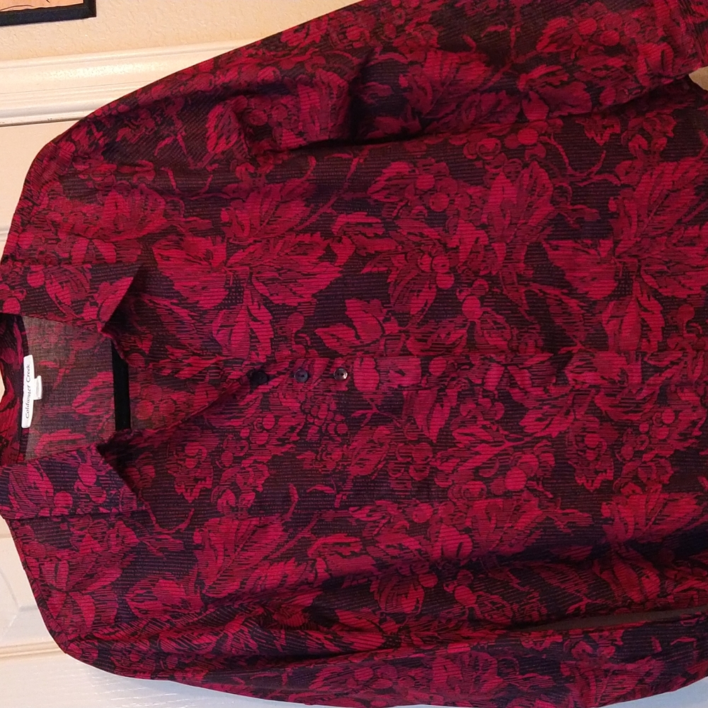 Coldwater Creek-Women's Petite Large-Black & Red Floral Long Sleeve Blouse